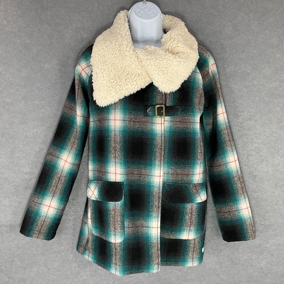 Billabong Plaid‎ Wool Blend Coat Sherpa Collar Buckle Front Jacket Sz Small - Picture 1 of 14